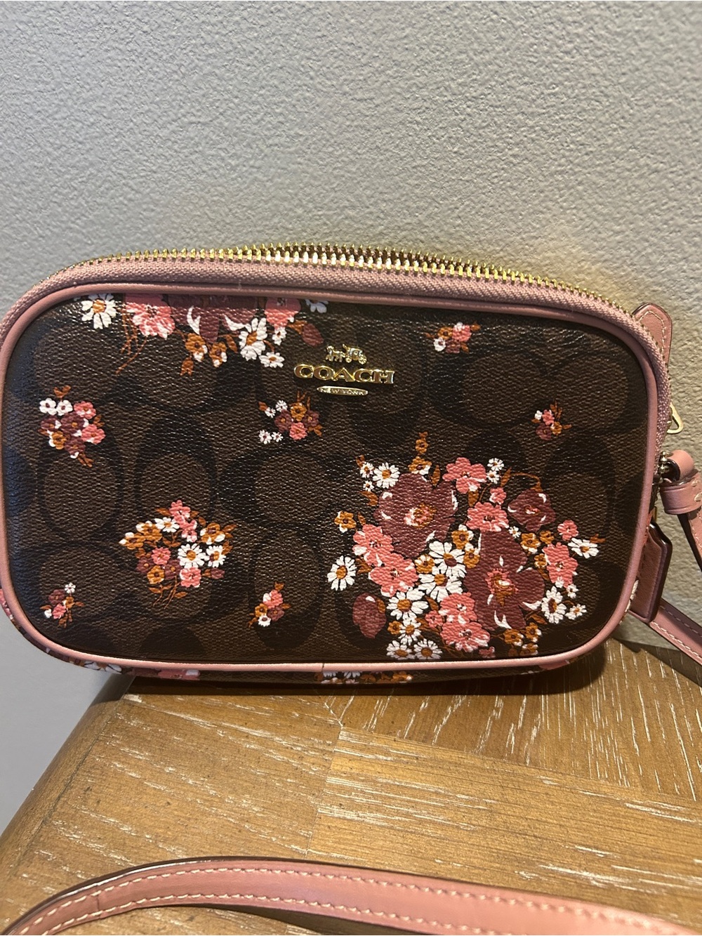 Coach Floral Signature Crossbody Bag in Pink/Brown Double Zip F31580